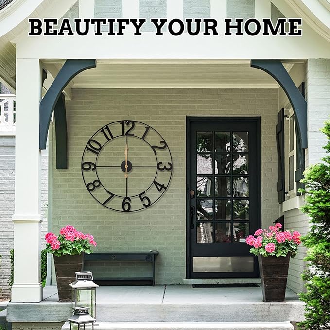30-Inch Silent Non-Ticking Indoor Outdoor Wall Clock, Battery Operated Vintage Farmhouse Metal Clock with Arabic Numerals for Patio, Pool, Garden, Living Room, Kitchen Decor - Black
