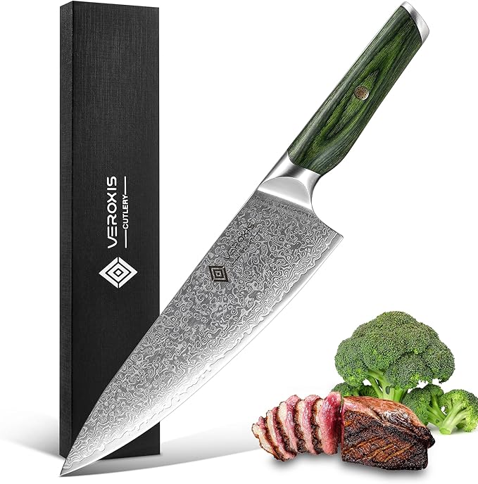VEROXIS Damascus Chef Knife 8 Inch, Professional Japanese Kitchen Knives Sharp High Carbon Super Steel with Ergonomic Pakkawood Handles, Elegant Gift Box Packaging
