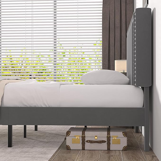 VECELO Twin Size Platform Bed Frame with Height Adjustable Upholstered Headboard, Modern Mattress Foundation,Strong Wood Slat Support, No Box Spring Needed, Easy Assembly