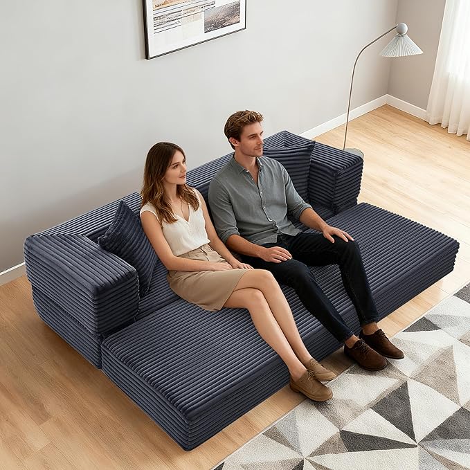 Sectional Boneless Couch Convertible Sofa Bed, 78'' Modular Sectional Sleeper Sofa with Removable Armrests & 3 Pillows, Small Floor Couch No Assembly Needed for Living Room, Office, Bedroom, Gray