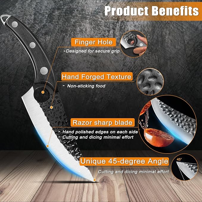 ZENG Butcher Knife Hand Forged Boning Knife with Sheath Viking Style, High Carbon Steel Japanese Chef Knife Meat Cleaver Knife for Kitchen, Camping, Outdoor, BBQ