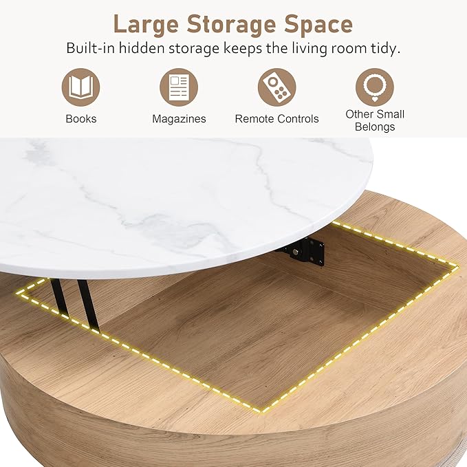 WILLIAMSPACE 31.5" Lift Top Coffee Table Set with Storage & 3 Upholstered Nesting Ottoman, Modern Round Marble Coffee Table Accent Center Table for Living Room, Apartment, White & Natural