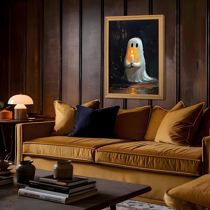 Framed Vintage Halloween Ghost Wall Art - Spooky Candle Ghost Fall Texture Pictures Wall Decor for Living Room, Kids Room, Halloween Bedroom or Party 16x24 inch