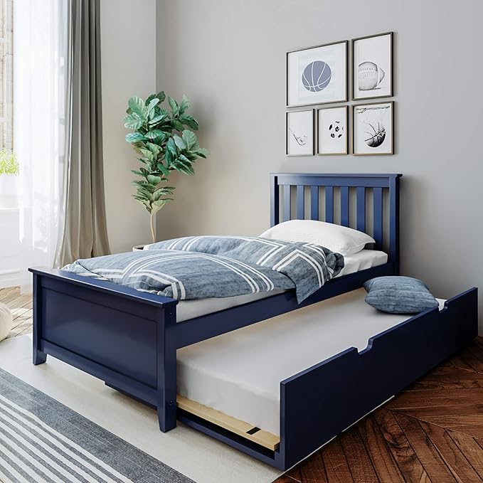 Max & Lily Twin Bed with Trundle and Nightstand, Wood Bed Frame with Headboard for Kids, Blue