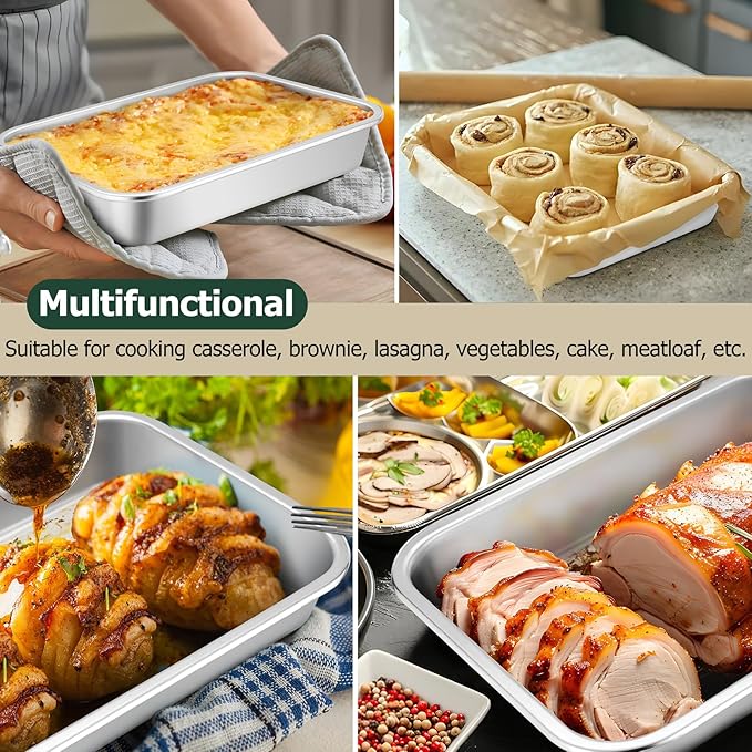 TeamFar Lasagna Pan, 10.6 x 8.3 x 1.7inch Stainless Steel Rectangular Cake Brownie Pan Casserole Baking Dish, Compact for Toaster Oven, Non Toxic & Healthy, Brushed Finish & Easy Clean-Dishwasher Safe