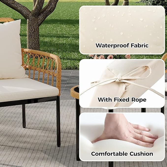 3-Piece All-Weather Wicker Rattan Bistro Patio Furniture Set with Glass Table and Thick Cushions, Beige - Ideal for Balcony, Garden, Backyard, and Poolside Conversation