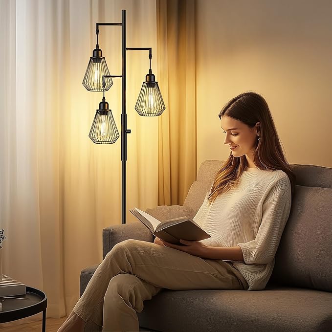 QiMH Industrial Floor Lamps for Living Room, Tree Standing Lamp with Stepless Dimmable, 68" Modern Tall Lamps for Bedroom Study Home Office, Rotary Switch, 3 LED Bulb Included, Black