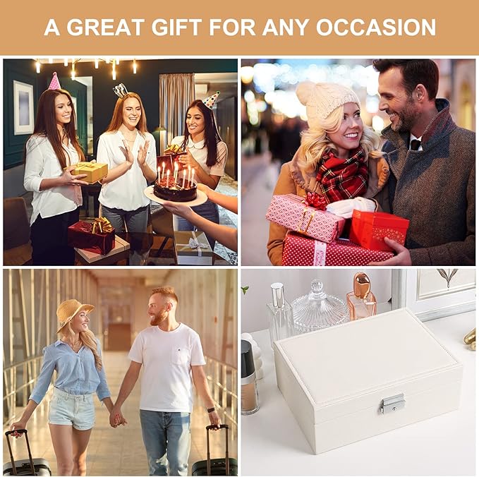 Jewelry Box Organizer for Women Girls 2 Layer Leather Travel Jewelry Storage Case with Lock and Removable Tray for Necklace Earrings Rings Bracelets Gift, Come with Polishing Cloth and Jewelry Bags