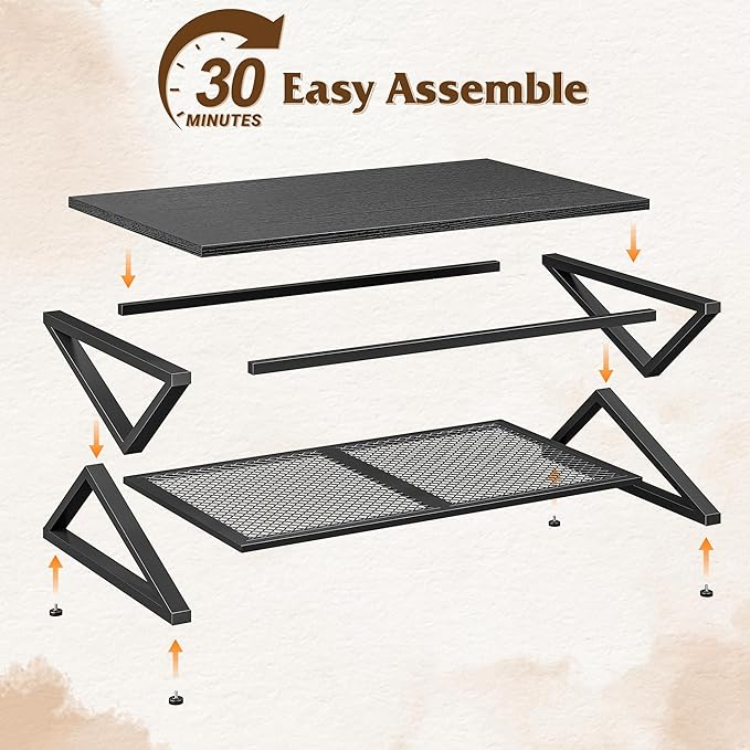 EnHomee Coffee Table with Storage, Modern Coffee Tables for Living Room with Mesh Shelf, 2 Tier Rectangular Center Table for Living Room, Bedroom, 47.2 Inch, Black Oak