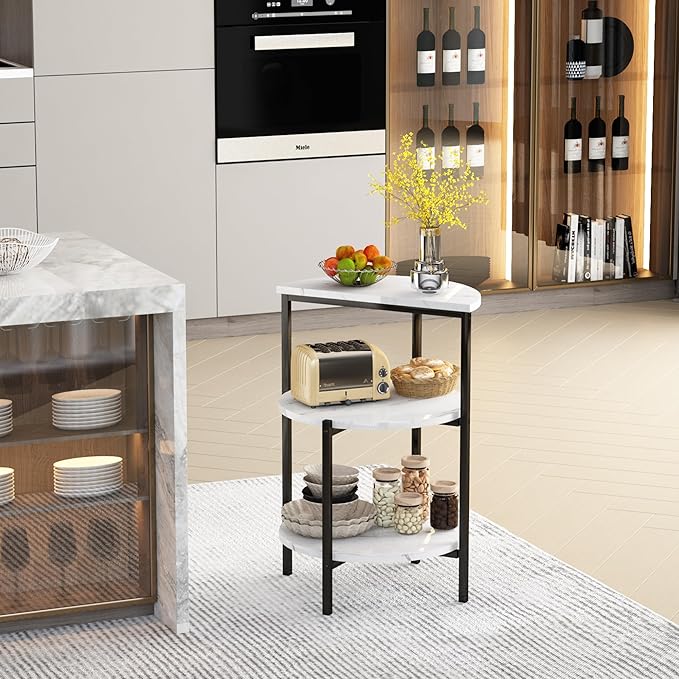 AWQM Marble Side End Table Set, 3-Tier Sofa Side Table, Small Round Coffee, Table Bedside Table of 2, Corner Table w/Metal Frame for Living Room Bedroom, White+Black