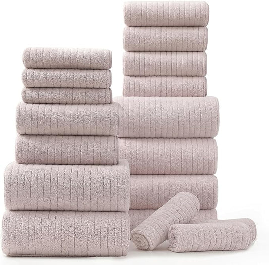 18 Piece Bath Towels Set,Soft Family Bathroom Towel Set with Hanging Loops-6 Bath Towels,6 Hand Towels,6 Washcloths,Highly Absorbent Quick Dry Shower Towel for Bathroom,Hotel,Spa-Blush Pink Towel Set
