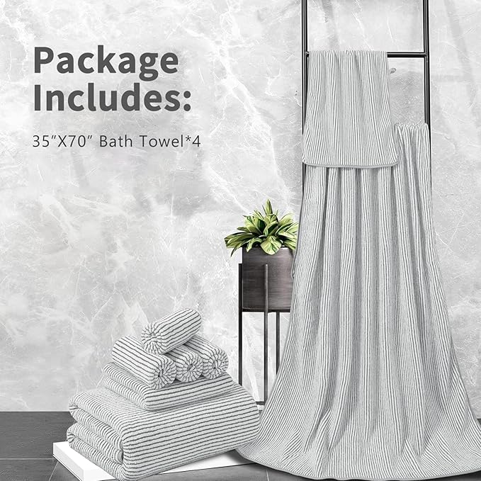 4 Piece Bath Towel Set 35"x70"Oversized Bath Towel for Bathroom Ultra Soft Fluffy Extra Large Bath Sheet Luxury Premium Bathroom Towel Highly Absorbent Quick Dry Shower Towel for Hotel Spa,Grey