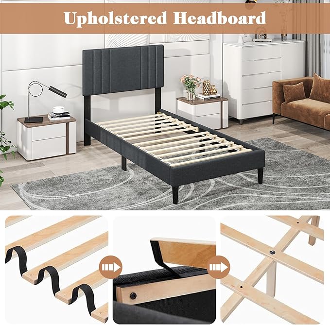 Giantex Twin Bed Frames with Headboard, Modern Upholstered Platform Bed Frame with Vertical Channel Tufted Headboard, Wooden Slats Support, No Box Spring Needed, Gray