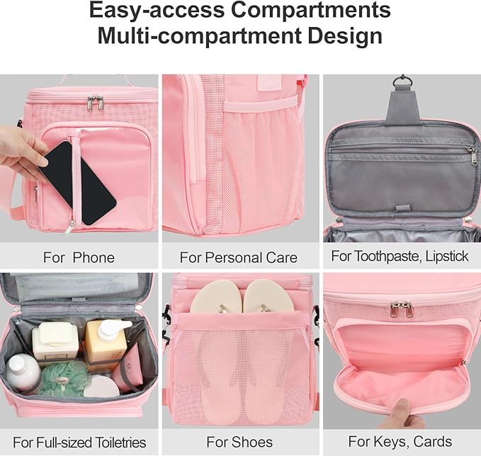 F-color Hanging Shower Caddy Portable - College Dorm Essentials for Girls with Hooks, Soft Crossbody Shoulder Strap, Multiple Pockets, Quick-Dry Shower Bag for Dorm Travel Essentials, Pink