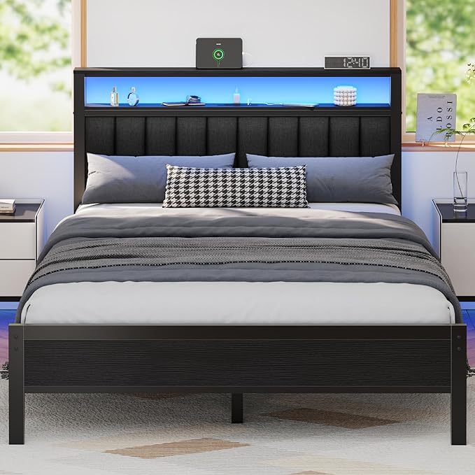 Furnulem Queen Size Bed Frame with Charging Station and LED Lights, Platform Bed with Metal Slats, Grey Upholstered Headboard with 2-Tier Storage Shelves, No Box Spring Needed