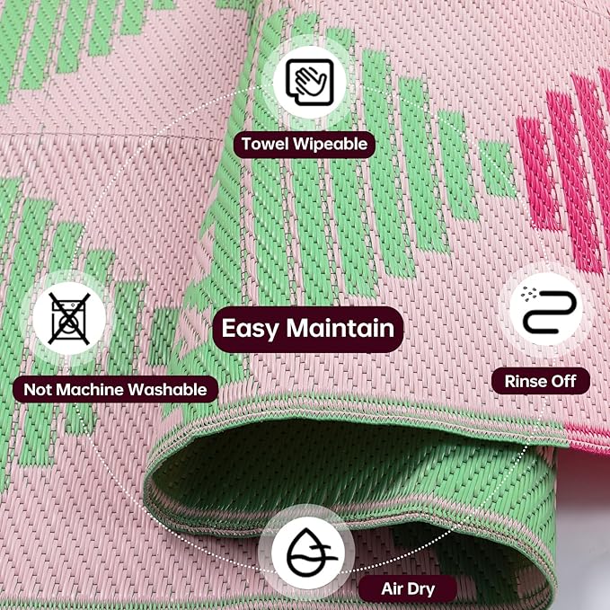 Beeiva Waterproof Outdoor Rug 8x10, Reversible Plastic Straw Patio Mat, Modern Geometric Large Outdoor Camping Rugs for Porch, Deck, Backyard, Balcony, Picnic - Pink & Green
