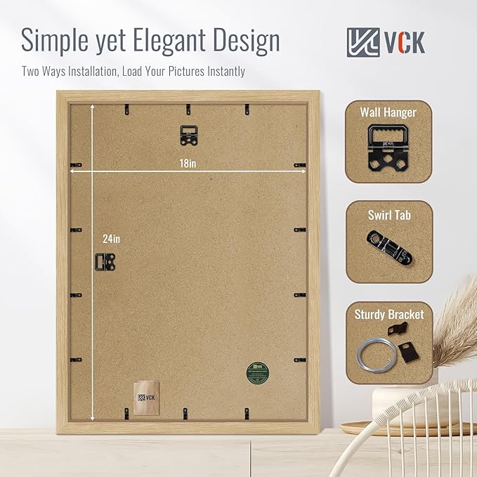 VCK 18x24 Poster Frame Set of 4 - Oak, Gallery-Quality Wood Picture Frames, 1.1-Inch Wide Border, Polished Plexiglass, Vertical or Horizontal Wall Display for Photo/Art/Prints, Natural Oak