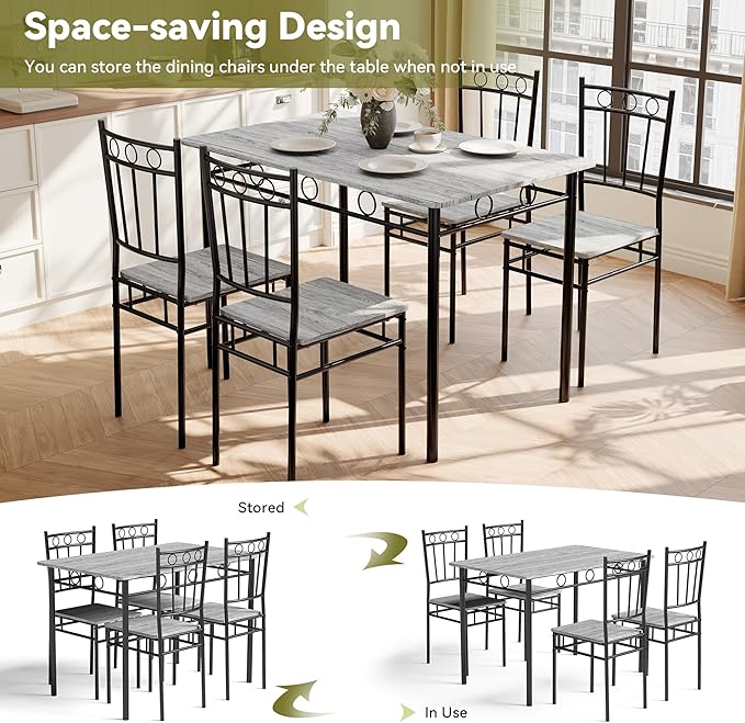 5 Piece Dining Table Set, Wood Kitchen Table and Chairs for Small Space,Breakfast Nook,Easy Assembly,Grey