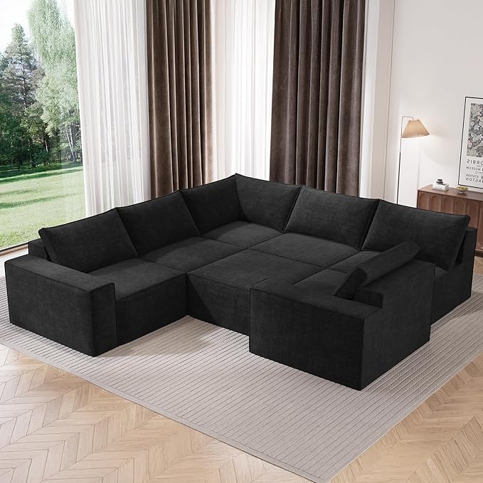 Vesgantti 143.7" Oversized Boneless Sectional Couch, Modern 6 Seater Modular Sofa with Ottoman & Deep Seat, Convertible Chenille Cloud Couches for Living Room, No Assembly Required, Black