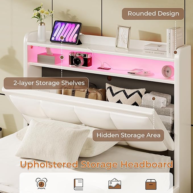 Twin Size Floating Bed Frame with Tufted Storage Headboard, LED Upholstered Platform Bed with 4 Charging Ports, White Pu Leather Floating Bed, Wood Slats, No Box Spring Needed