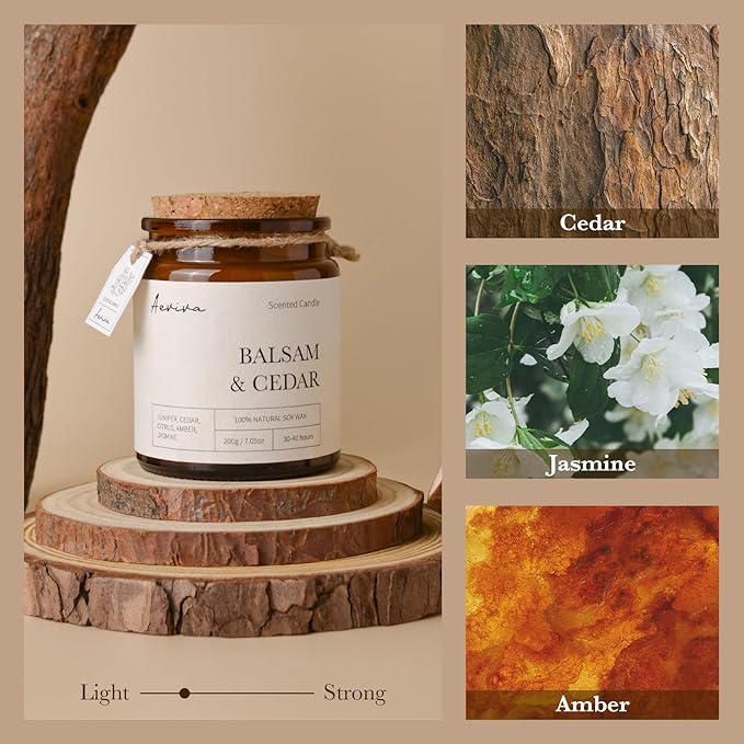Scented Candle, 7.05 oz Balsam Cedar Aromatherapy Candle, Natural Soy Wax with Wooden Wick, Candles for Home Scented, Stress Relief Amber Jar Candle Gifts