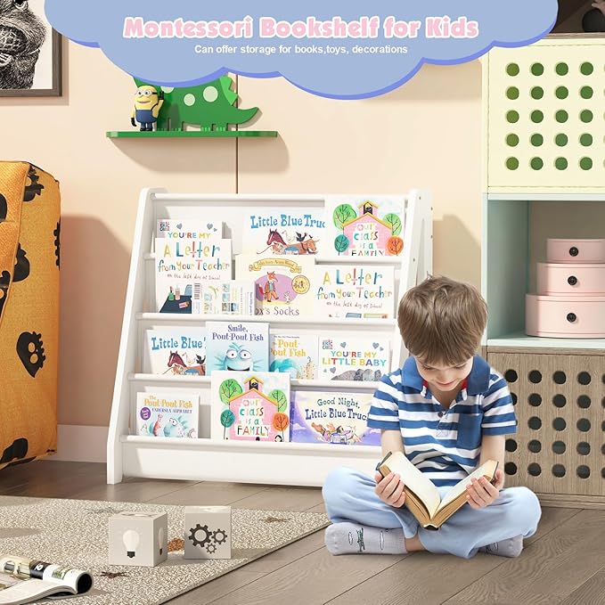 NACHES 4-Tier Fabric Kids Bookshelf, Large Capacity Montessori Sling Bookcase with 4 Deep Pockets, Magazine and Book Storage Rack for Nursery, Kids Room, Bedroom, Playroom (White)