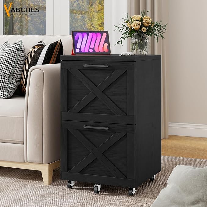 Farmhouse File Cabinet with 2 Drawers, Vertical Filing Cabinet on Wheels for Letter/A4 Size Hanging Files, Mobile File Cabinets Printer Stand for Home Office, Black