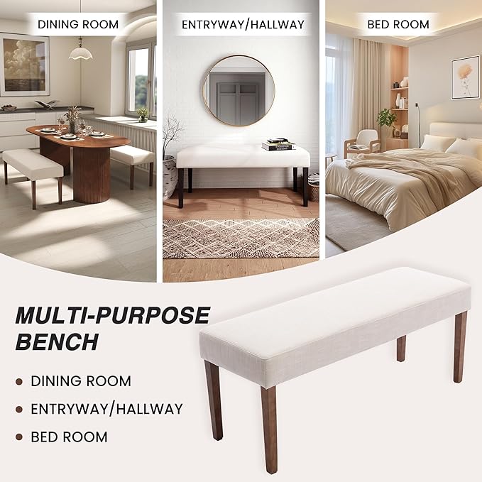LIVINOVA Farmhouse Upholstered Dining Bench Seat Set of 2, 45" Linen Fabric Entryway Bench with Natural Wood Legs, Mid Century Modern End of Bed Bench for Kitchen Bedroom Living Room Hallway, Beige