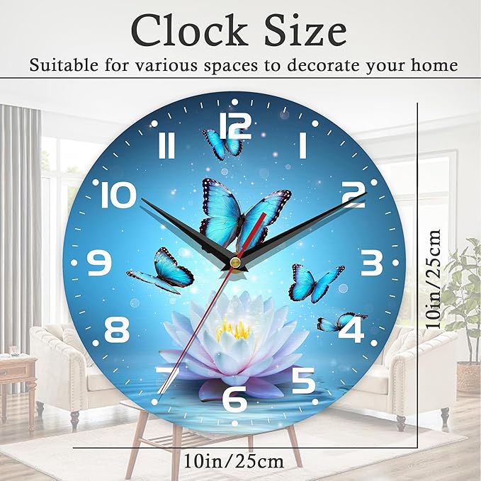 Wall Clock, 10 Inch Silent Non-Ticking Home Kitchen Decor, Battery Operated for Bathroom Bedroom Living Room Office(Magic Lotus Flower Butterfly)