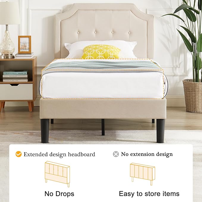 VECELO Twin Upholstered Platform Bed Frame with Adjustable Button Stitched Panel Headboard,Strong Wood Slat Support,Velcro Design,Mattress Foundation/Easy Assembly,Beige