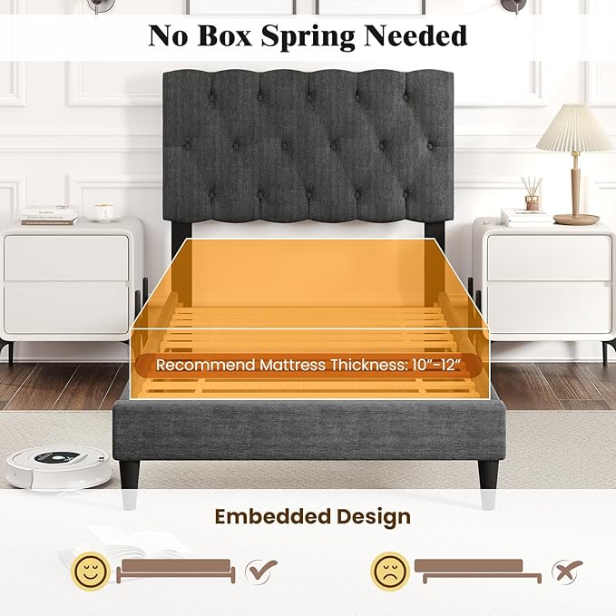 Giantex Twin Bed Frames with Headboard, Modern Upholstered Platform Bed Frame with Diamond Tufting Headboard, Wooden Slats Support, No Box Spring Needed, Gray