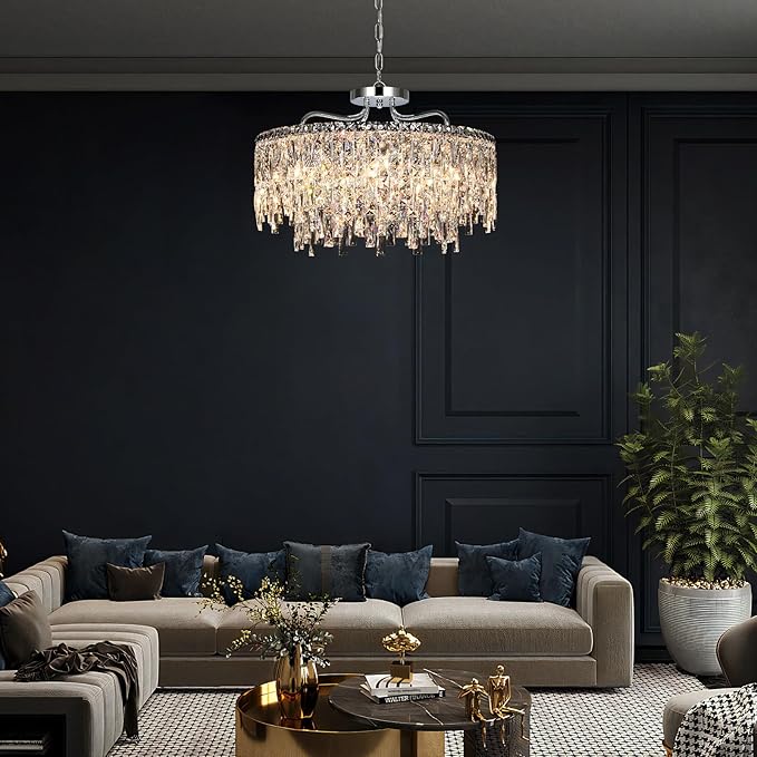 Luxury Crystal Chandelier, 24" Modern Round Dining Room Chandeliers Over Table,8 Lights Chrome Ceiling Pendant Ceiling Lighting for Living Room Bedroom Entryway Foyer Staircase