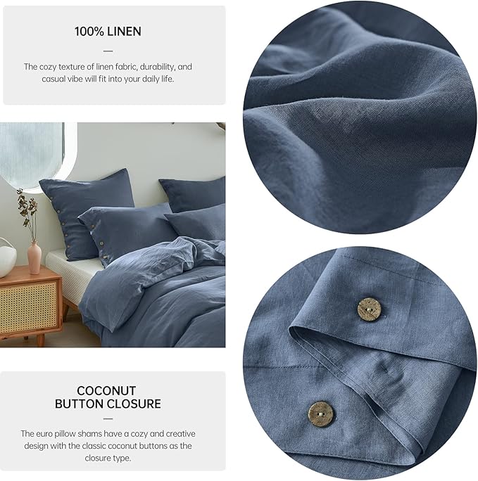 Simple&Opulence 100% Washed Linen Euro Sham Cover, 26 x 26 Inch, Decorative Bed Pillow Cover with Coconut Button, Solid Color Pillow Shams Set of 2 (Classic Blue)