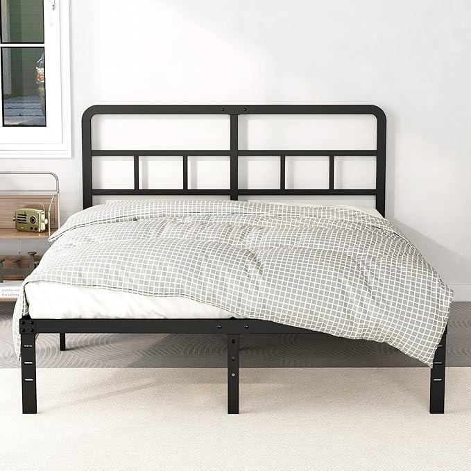 14 Inch Queen Bed Frame with Headboard No Box Spring Needed, Heavy Duty Metal Queen Size Platform with Steel Slat, Mattress Foundation, Easy Assembly, Noise Free, Black