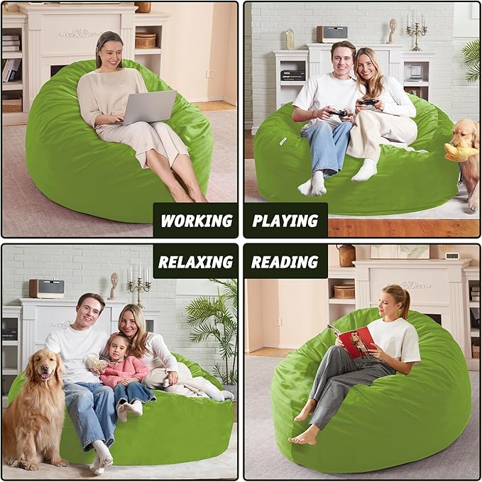 5FT Bean Bag Chair with Ultra Soft Velvet Cover Bean Bag Sofa with Memory Foam Bean Bag Chairs with Large Size Lazy Sofa for Dorm Office Living Room Bedroom Grass Green 5'
