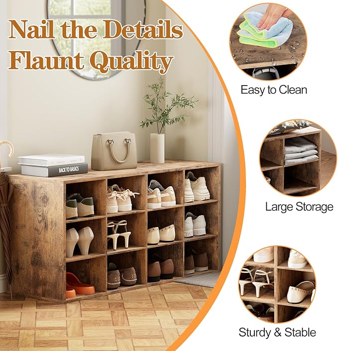 12-Cubby Shoe Rack, 3-Tier Wood Shoe Organizer, Multifunctional Shoe Organizer Bench for Entryway, Mudroom, Hallway, Closet,36.22 * 11.81 * 17.72 Inch,Brown