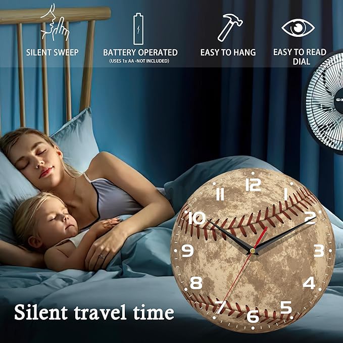 Wall Clock, 10 Inch Silent Non-Ticking Home Kitchen Decor, Battery Operated for Bathroom Bedroom Living Room Office(Vintage Baseball,Ball Game Sports American)