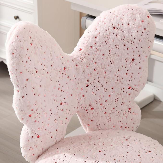 Butterfly Kids Desk Chair Girls Students Study Chair Adjustable Computer Chairs Furry Swivel Office Child Reading Chairs for Home/Bedroom/School/Dorm, Pink