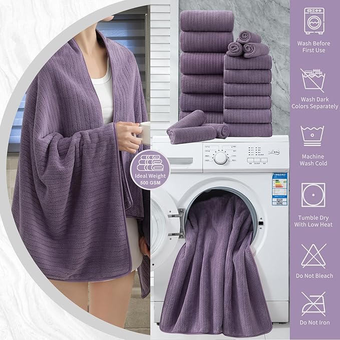 18 Piece Bath Towels Set,Soft Family Bathroom Towel Set with Hanging Loops-6 Bath Towels,6 Hand Towels,6 Washcloths,Highly Absorbent Quick Dry Shower Towel for Bathroom,Hotel,Spa-Purple Towel Set