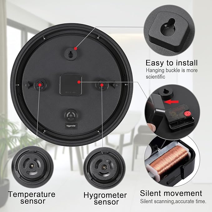 14 inch Outdoor Wall Clock, Plastic Waterproof Outdoor Clock with Temperature & Humidity, Water Resistant Wall Clocks for Patio Garden, Dark Brown