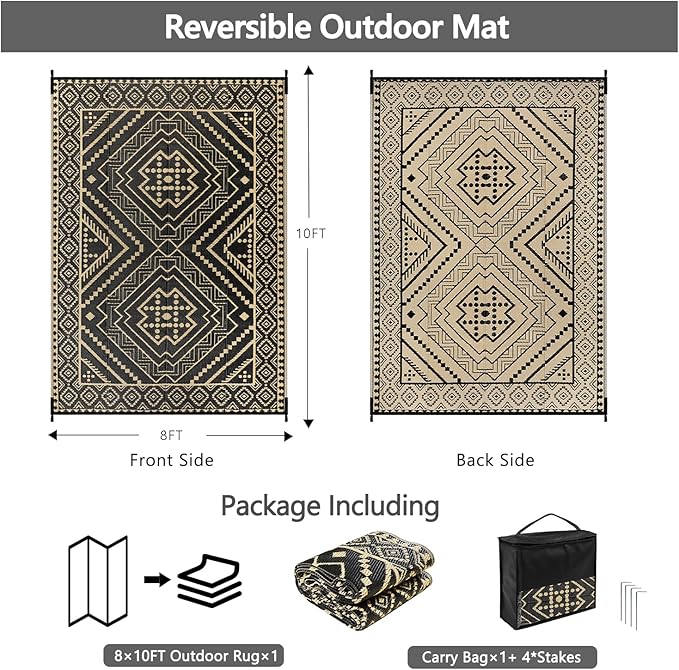 Waterproof Outdoor Rug 8x10 ft, Reversible Plastic Straw Mat, Large Floor Mat for Patio, Camping, Picnic, Backyard RV, Deck, Black