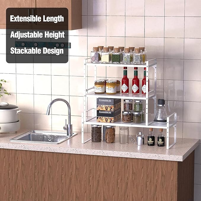 Expandable Kitchen Cabinet Storage Shelf, Stackable Metal Pantry Storage Shelves Organizer, Adjustable Height Counter Spice Rack for Kitchen Cabinet (White - 16.5"-27" L x 8" W x 9.6" H - 3Pack)