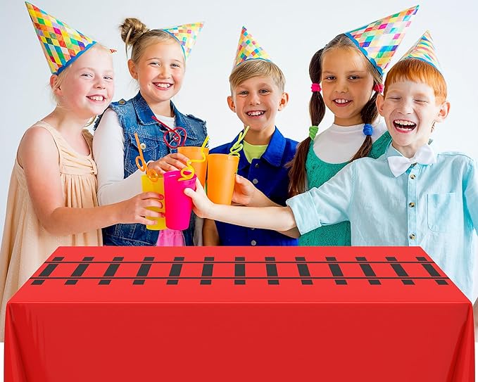 3 Pcs Train Party Decorations Railroad Track Tablecloths Train Birthday Party Supplies 54 x 108 Inch Plastic Table Covers for Railroad Track Western Theme Birthday (Red)