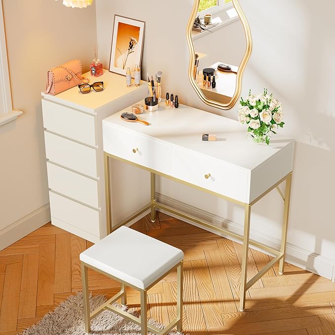 SUPERJARE 31.5" White and Gold Desk with 2 Drawers, Modern Makeup Vanity with Padded Stool, Small Computer Desk Home Office Desk for Writing Study Bedroom