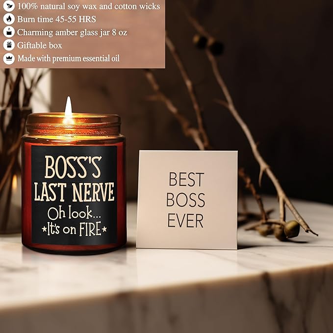 Boss Gifts for Women, Men - Fun Relaxing Candles - Funny Gift for Boss Female, Her, Mom, Boss Lady - Birthday, Thank You for Coworker Nurse Teacher Friend - Natural Soy Wax Jar Candle for Home
