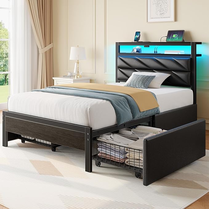 Seventable Twin Bed Frame with 4 Storage Drawers, Charging Station & LED Lights, Upholstered Headboard with 2-Tier Shelves, Metal Platform Bed, No Box Spring Needed, Noise-Free, Black