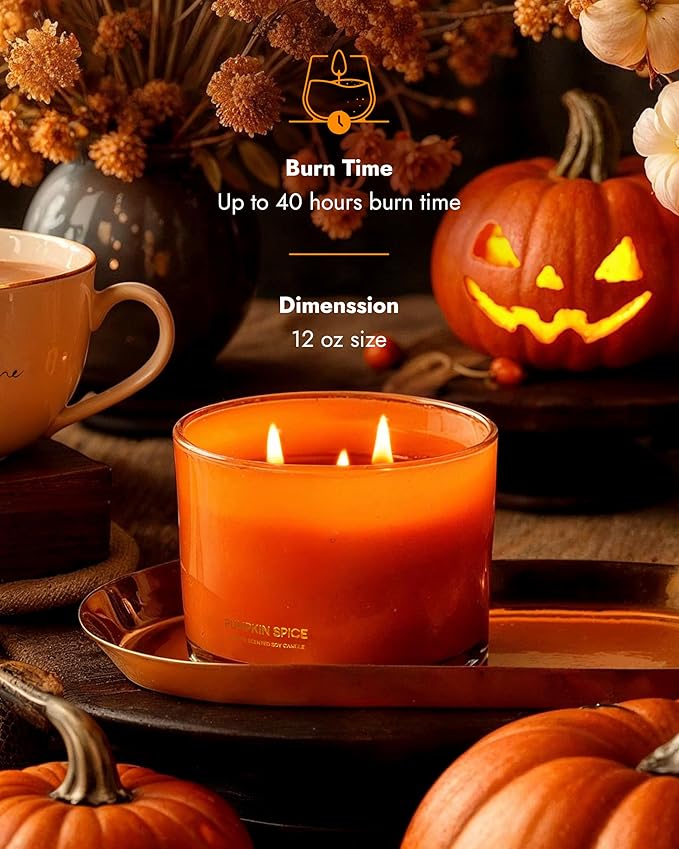 96NORTH Pumpkin Fall Candles | Large 3 Wick Jar Candle | Halloween & Fall Decor | Up to 40 Hours Burning | 100% Natural Soy Wax | Relaxing Aromatherapy Candle | Halloween Candle Gift