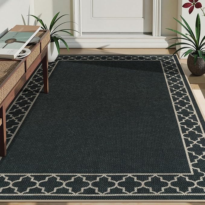 OJIA Easy Jute Washable Rugs 5x7 Outdoor Rug, Modern Area Rug Patio Rug Living Room Rugs Bordered Indoor Outdoor Rug Farmhouse Non-Slip Carpet Geometric Black Rug for Backyard Dining Room