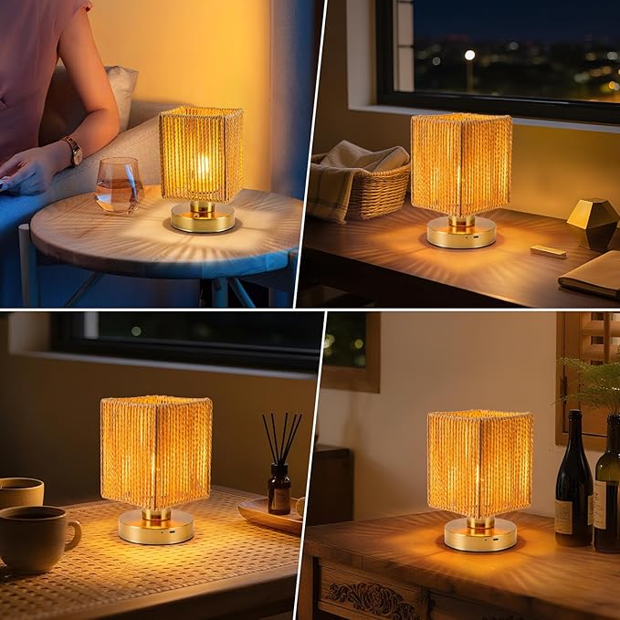 Rattan Table Lamp, 6000mah Battery Operated Table Lamp, Boho Small Desk Lamp, 3 Brightness Dimming for Bedroom Living Room Kids Room Touch Switch, Bulb Included