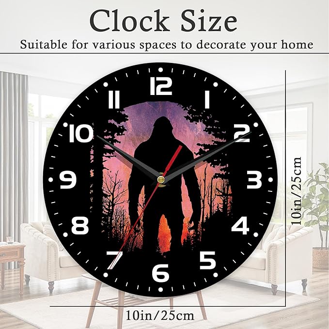 Wall Clock, 10 Inch Silent Non-Ticking Home Kitchen Decor, Battery Operated for Bathroom Bedroom Living Room Office(Bigfoot Forest Moon)